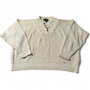 Vintage 90s Eddie Bauer Cream Knit Henley Fisherman Sweater Boxy XL